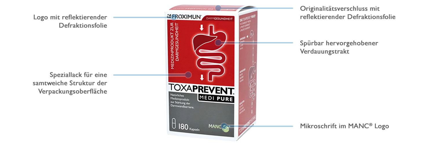 Abbildung mit den Originalitätsmerkmalen von TOXAPREVENT® Verpackungen